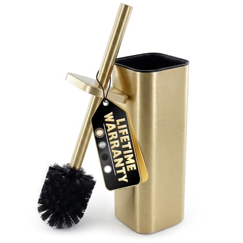 Gold Toilet Brush with Square Holder - Toilet Brush and Holder Set Gold, Stainless Steel Handle with Splash Shield, Replaceable Head and Removable Inner Cup - Freestanding Bathroom Toilet Cleaning Set - color: Gold Rounded Square