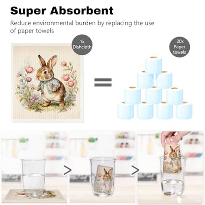 5 Pcs Cute Bunny & Flower Swedish Dishcloths, Rabbit Themed Swedish Dishcloth, Artistic Dish Cloths for Drying Dishes, Reusable Cleaning Cloths, Housewarming Gifts for Women - color: Lm 04240