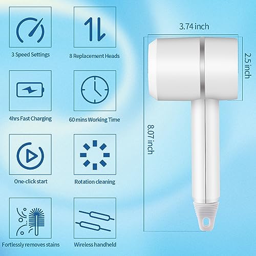 Electric Spin Scrubber,Cordless Power Cleaning Brush,Rechargeable Power Scrubber with 8 Replacement Heads,3 Adjustable Speeds,Kitchen Assistant,Handheld Scrubber for Sink Bowls Plates Bottle,White