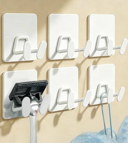 susswiff Adhesive Shower Hooks for Bathroom - Extra Sticky Stainless, Wall Hooks for Hanging Towel, Razor, Loofah, Robe, Coat, Heavy Duty Hanger for Kitchen, Bedroom, Door, Metal, Matt White, 6 Pack - color: White, size: 6 Pack