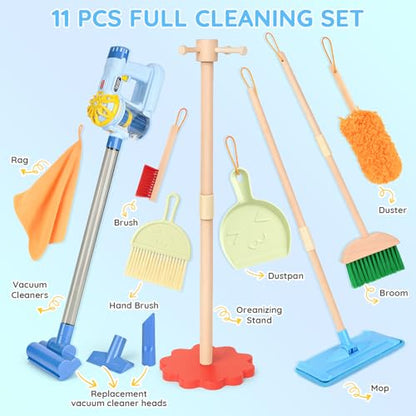 Dreamon Wooden Toddler Cleaning Set - 11Pcs Kids Cleaning Toy Set with 3-in-1 Kids Vacuum that Really Works, Montessori Cleaning Toys with Broom and Mop Set for Toddlers Girls Boys Age 3-6