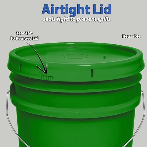 MKS Plastics 5-Gallon Bucket with Airtight Lid – Made in USA, Food Grade BPA Free Plastic, Heavy Duty Multi-Use, Metal Handle with Grip, Stackable Storage – Green, 6 Pack - color: Green, size: 6