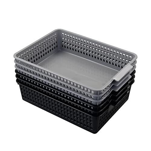 6 Pack Plastic Flat Storage Basket (3 Black + 3 Gray), Plastic Paper Storage Basket Tray for Office Documents, Magazines, Kitchen, Bathroom