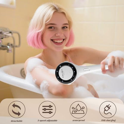 Electric Body Brush, 3 Speed Silicone Body Scrubber with LCD Display, 5in1 Back Scrubber for Shower, Waterproof Rotating Body Brushes, Rechargeable Bath Brush for Clean Exfoliate Massage (White) - color: White