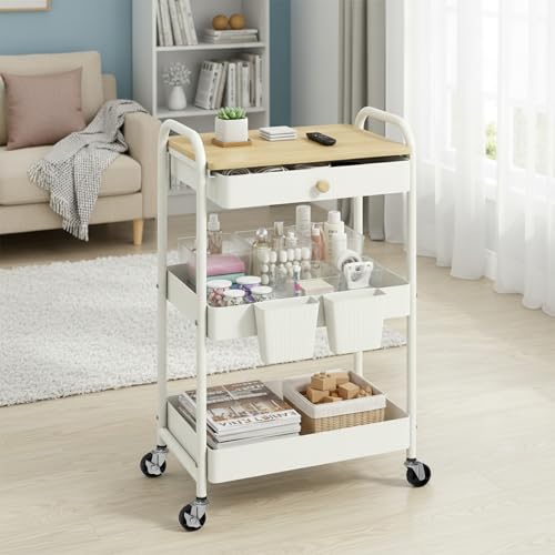 danpinera 3 Tier Rolling Cart with Wooden Table Top, White Rolling Utility Cart with Drawer & Locked Wheels, Easy Assembly for Nursery, Living Room, Studio - color: White, size: without pegboards