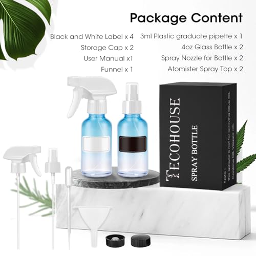 Tecohouse Glass Spray Bottles 4 oz, 2 Pack Spray Bottles for Hair Empty Refillable Fine Mist Sprayer with Labels, Funnel, Pipettes Blue - color: Blue