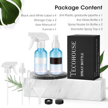 Tecohouse Glass Spray Bottles 4 oz, 2 Pack Spray Bottles for Hair Empty Refillable Fine Mist Sprayer with Labels, Funnel, Pipettes Blue - color: Blue