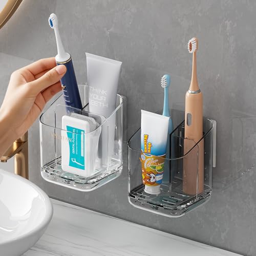 Toothbrush Holders for Bathrooms, 3 Slots Detachable Electric Toothbrush Holder Wall Mounted with Divider, Removable Tooth Brush and Toothpaste Holder Organizer for Bathroom/Kitchen/Office - color: Clear+grey