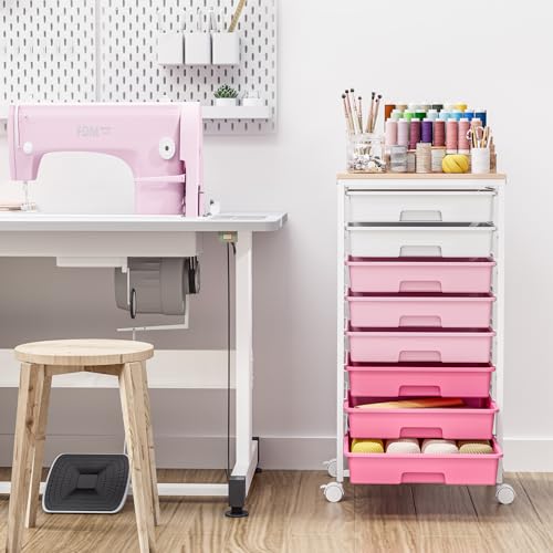 Rolling Cart with Drawers, Pink Cart with 8 Plastic Drawer Storage and Wooden Tabletop, Craft Storage, Teacher Cart, Storage Cart on Wheels, Rose Pink - color: Rose Pink