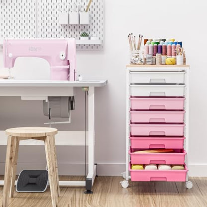 Rolling Cart with Drawers, Pink Cart with 8 Plastic Drawer Storage and Wooden Tabletop, Craft Storage, Teacher Cart, Storage Cart on Wheels, Rose Pink - color: Rose Pink