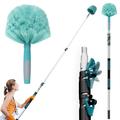 TelesPro 20 Feet High Reach Cobweb Duster with 5-12Ft Extension Pole, Webster Cobweb Duster with 3-Stage Telescopic Aluminum Pole, Spider Web Brush for Outdoor & Indoor Cleaning - Soft Bristles. - size: 12 FT