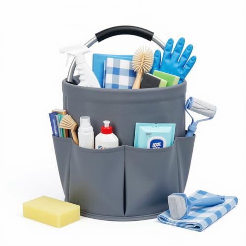 Cleaning Caddy with Handle, 17L Foldable Storage Basket, Heavy Duty 600D Oxford Cloth Organizer, Portable Supply Bag, Multi-Purpose Supplies Caddy for Home, Bathroom, Kitchen, Garden - ( Dark Gray ) - color: dark gray