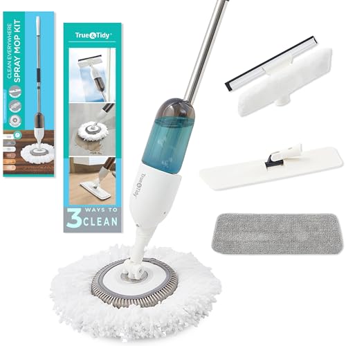 True & Tidy Clean Everywhere Spray Mop Kit - Premium Floor Cleaner with Flat, Round, and Squeegee Mop Heads (White) - color: White