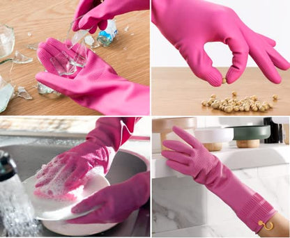 Myungjin 2 Pairs Reusable Waterproof Non-Slip Honeycomb Grip Latex Rubber Gloves with Hang-Dry Hooks/Hanging Loops for Dishwashing Household Cleaning Cooking (Large) - size: Large (Classic)