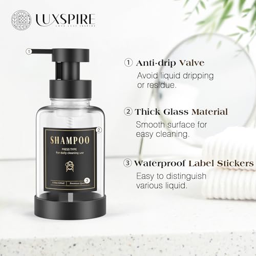 Luxspire Foaming Soap Dispenser, Glass Foam Pump Soap Dispenser, Non-Slip Hand Soap Bottle with 5 Waterproof Labels, 15 Oz Refillable Liquid Soap Bottle for Bathroom & Kitchen, Clear, 2 Pack - color: Clear