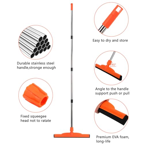 Floor Squeegee Broom 62.2" Adjustable Long Stainless Steel Handle 17.2" | EVA Double-Layer Foam Blade Multi-Purpose for Bathroom, Deck, Window Cleaning(Orange)