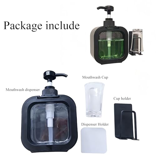 Mouthwash Dispenser for Bathroom, Wall Mount No Drill Bathroom Organiger, Refillable Plastic Pump Bottle with Reusable Cup, with Cup Holder (Black)