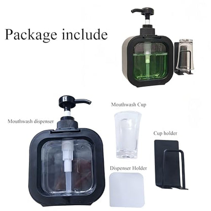 Mouthwash Dispenser for Bathroom, Wall Mount No Drill Bathroom Organiger, Refillable Plastic Pump Bottle with Reusable Cup, with Cup Holder (Black)