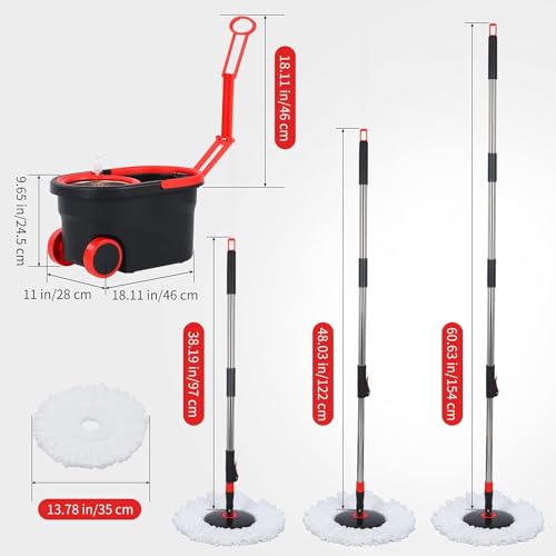 Mop and Bucket with Wringer Set, 360° Mop Bucket Floor Cleaning System with 3 Microfiber Replacement Mop Head Refills, 61" Adjustable Stainless Steel Handle, 2X Wheel for Home Cleaning