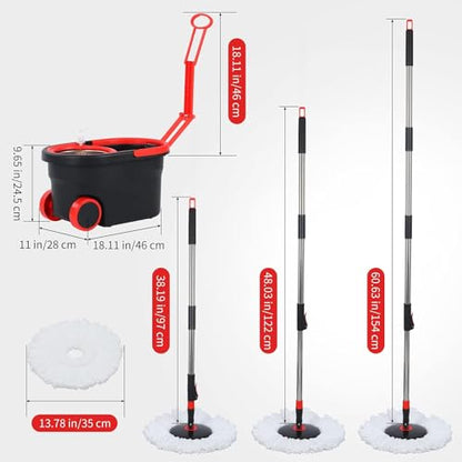 Mop and Bucket with Wringer Set, 360° Mop Bucket Floor Cleaning System with 3 Microfiber Replacement Mop Head Refills, 61" Adjustable Stainless Steel Handle, 2X Wheel for Home Cleaning