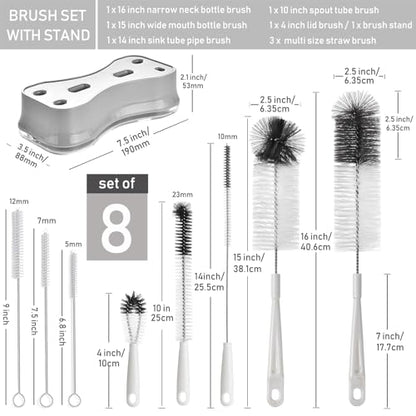 ALINK Long Narrow Neck Bottle Brush + ALINK 8 Pack Bottle Brush Cleaning Set with Stand