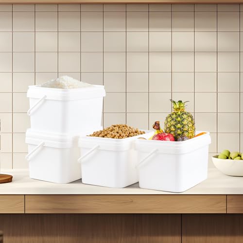 Readsky 3 Gallon Small Rectangular Plastic Food Bucket with Lid, 4 Packs Lidded Storage Buckets with Handle, White
