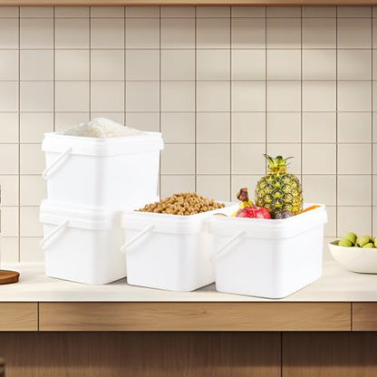 Readsky 3 Gallon Small Rectangular Plastic Food Bucket with Lid, 4 Packs Lidded Storage Buckets with Handle, White
