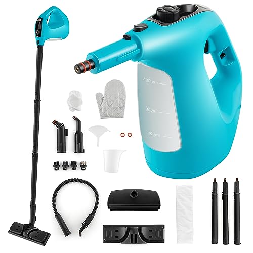 Goplus Handheld Steam Cleaner, 1400W Pressurized Steam Cleaner w/Continuous Steam w/Unlimited Use Time, 13.5 OZ Water Tank, Child Lock & 14-Piece Accessory Kit, Portable Chemical-Free Steamer Mop - color: Blue