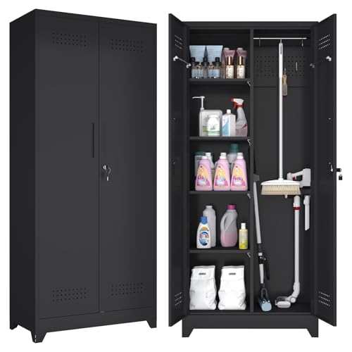 GREATMEET Metal Garage Storage Cabinet, 73" H Broom Closet Storage Cabinet, Locking Utility Cabinet with Doors and Shelves for Garage, Home, Black - color: Black, size: 73"H