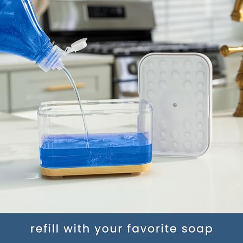 S&T INC. Dish Soap Dispenser and Sponge Holder for Kitchen Sink, Waterproof Labels and Sponge Included, 13 Ounces, Plastic, White and Bamboo - color: White and Bamboo