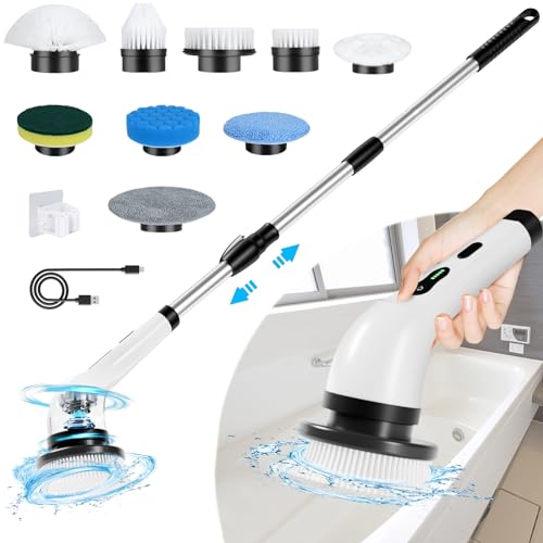 Electric Spin Scrubber Cordless, Electric Scrubber for Cleaning Bathroom with Long Handle, Electric Shower Scrubber, Power Cleaning Brush with 9 Brush Heads for Bathtub Tile Floor Car