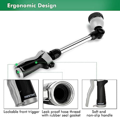 RESTMO Metal Watering Wand, Heavy Duty Garden Hose Wand with 180° Swivel Ratcheting Head, 16'' Hose Nozzle Sprayer with 7 Spray Patterns and Flow Control, for Water Hanging Baskets and Shrubs, Black - color: Black