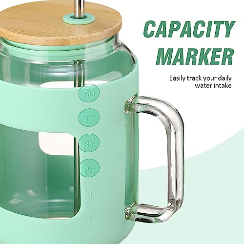 WINSA 50 oz Glass Water Bottles with Silicone Sleeve,Glass Tumbler with Lid and Straw,Iced Coffee Cup with Handle,BPA Free-Green - color: Green