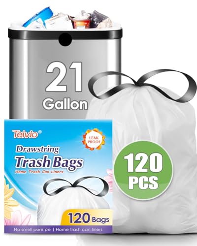 21 Gallon 120 Counts Strong Drawstring Trash Bags Garbage Bags by Teivio, Bathroom Trash Can Bin Liners, Plastic Bags for home office kitchen, White - style: 120-21Gallon-White