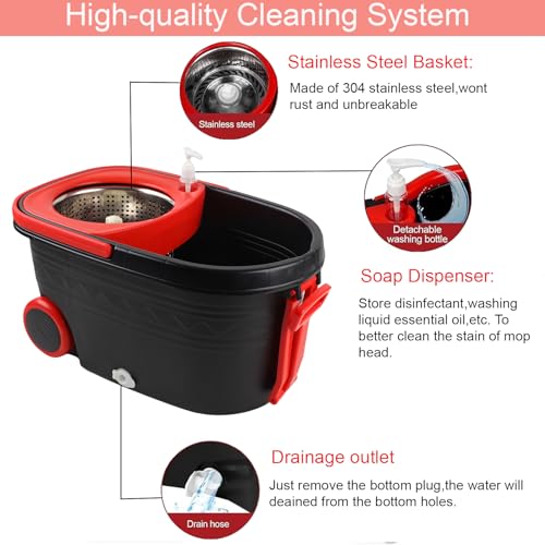 Spin Mop and Bucket with Wringer Set On Wheels, 360° Spinning Mop Bucket System with 3 Microfiber Replacement Heads, 61" Stainless Steel Extended Handle for Floor Cleaning Black/Red (25QT) (Big Black) - color: Big Black