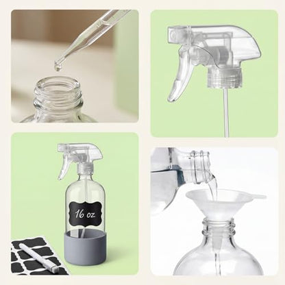 GIRAVO Glass Spray Bottles for Cleaning, 12 Pack 16 oz Refillable | Glass Mister Bottles, Silicone Sleeves, Adjustable Nozzles, Labels & Funnel Included, For Home, Plants, Hair