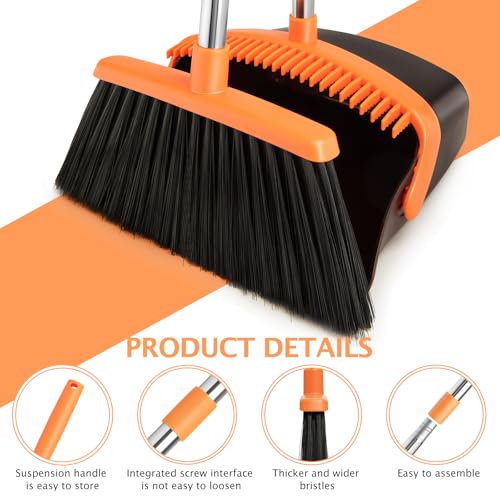 2-Pack Broom and Dustpan Set with Long Handle, Heavy Dust Broom and Dustpan Combo for Home，Kitchen, Office, Pet Hair (Brown Orange) - color: Brown Orange 2-pack