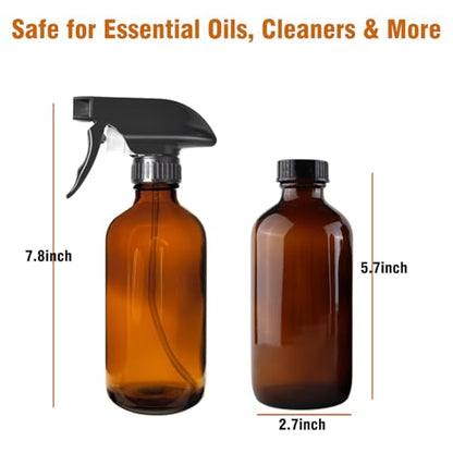 LANBEAUTIFY 8oz Amber Glass Spray Bottles - 2 Pack Empty Refillable Bottles for Cleaning, Hair Care, Essential Oils, Plants - Includes Durable Nozzle, Labels, Funnel & Dropper, Handheld Size