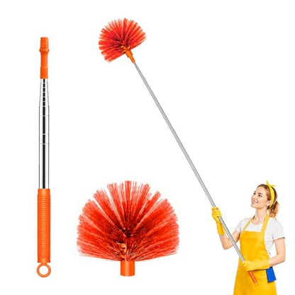 Cobweb Duster with Extension Pole, Upgraded Heavy Duty Thickened Stainless Steel Telescopic Handle for High Ceilings & Ceiling Fans, 90" Total Reach (15.7" Compact), Medium Stiff Bristles (Orange) - color: Orange