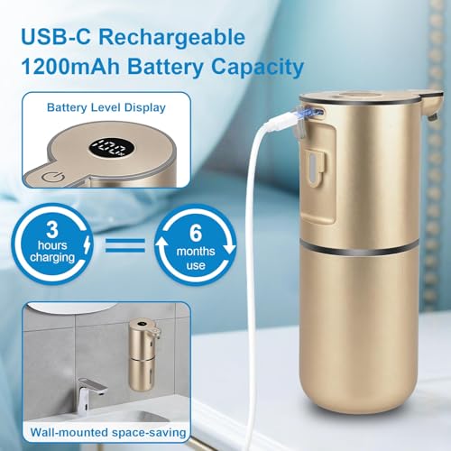 OHIFAST Automatic Liquid Soap Dispenser Touchless, USB Rechargeable Smart Hand Soap Dispenser, 6-Level Adjustable, 12.8oz/380mL Wall Mounted for Bathroom Kitchen Accessories Dish Soap-Gold - color: Gold, style: Liquid