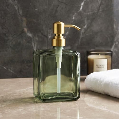 Green Glass Soap Dispenser Square 13.5 oz | Refillable, Rectangular, Rust Proof Stainless Steel Pump, For Bathroom Vanity & Kitchen Countertop - color: Green Bottle and Brushed Gold Pump, size: 13.5oz-Square
