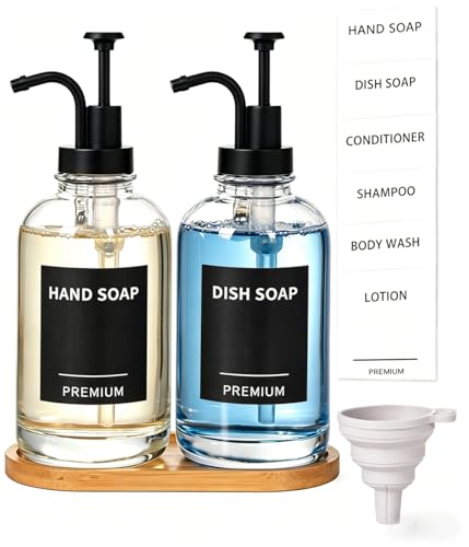 Dish Soap Dispenser for Kitchen, Hand Glass Soap Dispenser Set with Pump, Tray, Funnel for Bathroom, Shower, Laundry, Liquid, Lotion (Black 2 Pack 18 Oz Clear Bottles with 12 Stickers) - color: Black, size: 18Oz