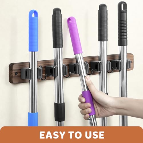 IMILLET 2 PACK Stainless Steel Mop and Broom Holder and 1 PACK Wooden Broom Holder