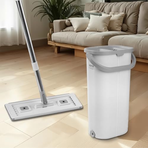 VEVOR Mop and Bucket with Wringer Set, Wet & Dry Use, Flat Mop and Bucket System with 3 Washable Microfiber Pads, Flat Mop with Stainless Steel Handle, Mop Bucket Set for Hardwood Tile Vinyl - style: Flat Mop and Bucket with 3 Pads