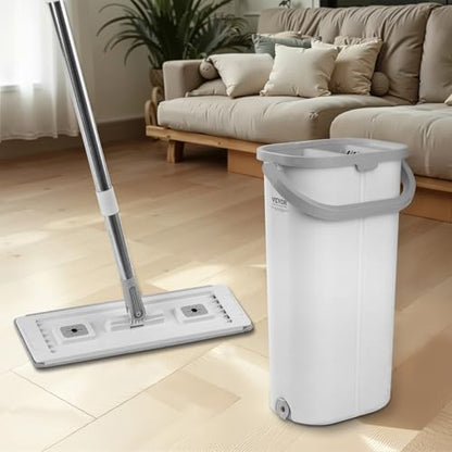 VEVOR Mop and Bucket with Wringer Set, Wet & Dry Use, Flat Mop and Bucket System with 3 Washable Microfiber Pads, Flat Mop with Stainless Steel Handle, Mop Bucket Set for Hardwood Tile Vinyl - style: Flat Mop and Bucket with 3 Pads
