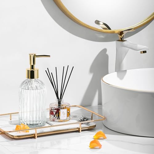 14Oz Gold Pump Glass Soap Dispenser, Clear Stripe Countertop Refillable Liquid Bottle Hand Dish Lotion Dispenser with Plastic Pump, for Kitchen, Bathroom - color: Clear