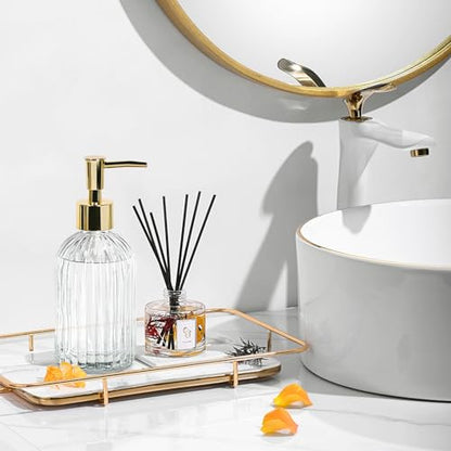 14Oz Gold Pump Glass Soap Dispenser, Clear Stripe Countertop Refillable Liquid Bottle Hand Dish Lotion Dispenser with Plastic Pump, for Kitchen, Bathroom - color: Clear