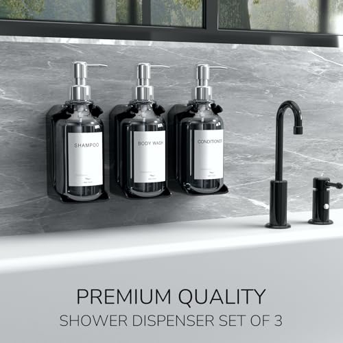 Stylish Shampoo and Conditioner Dispenser - Shower Soap Dispenser Wall Mounted - 16 oz Set of 3 Plastic Clear Bottles with Silver Pumps - Modern Shower Dispenser, Shower Shampoo Dispenser 3 Chamber - color: Clear