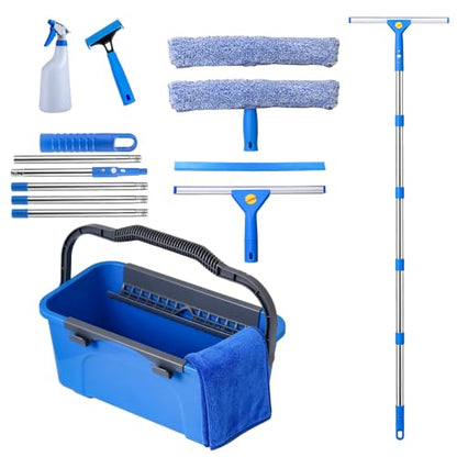 Professional Window Cleaning Kit with 76" Telescopic Pole, Bucket 3 Gallon,2PCS 15" Scrubbers, 2PCS 14" Squeegee, Scraper, Cloth & Sprayer, Window Cleaner Tool for Commercial, Home, Outdoor, Car - size: 76"Window Squeegee with Bucket