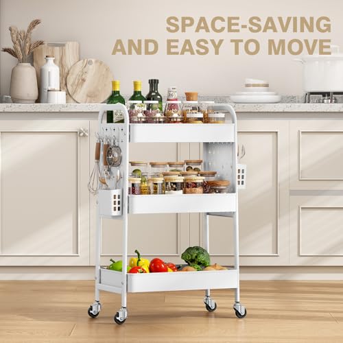 KINGRACK 3 Tier Rolling Cart with DIY Pegboard, Metal Utility Cart with Wheels, Hooks & Baskets, Sturdy Storage Organizer for Craft, Bathroom, Kitchen, Office, Nursery, Classroom (White) - color: Pure White